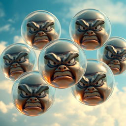 A realistic depiction of angry bubbles, each bubble showcasing intricate details like reflections and distortions of the surrounding environment