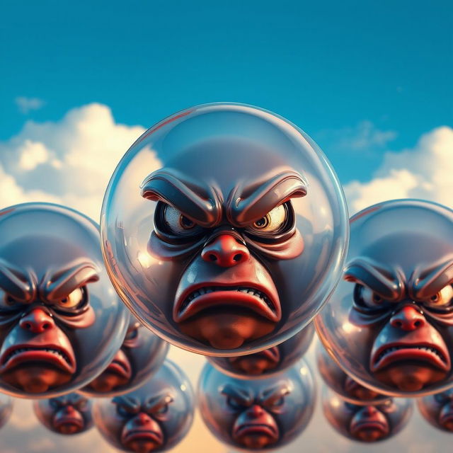 A realistic depiction of angry bubbles, each bubble showcasing intricate details like reflections and distortions of the surrounding environment