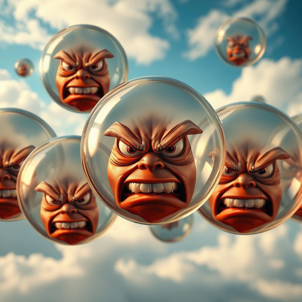 A realistic depiction of angry bubbles, each bubble showcasing intricate details like reflections and distortions of the surrounding environment