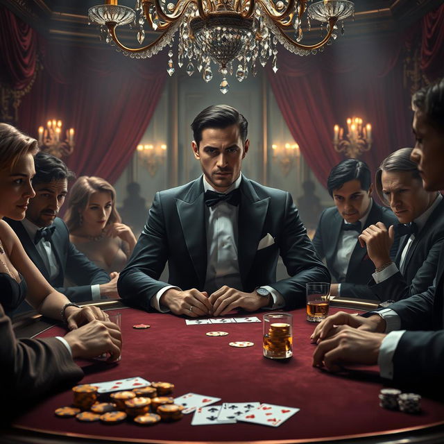 A fantasy art scene depicting an elegant and dramatic poker game in a luxurious setting