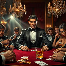 A fantasy art scene depicting an elegant and dramatic poker game in a luxurious setting