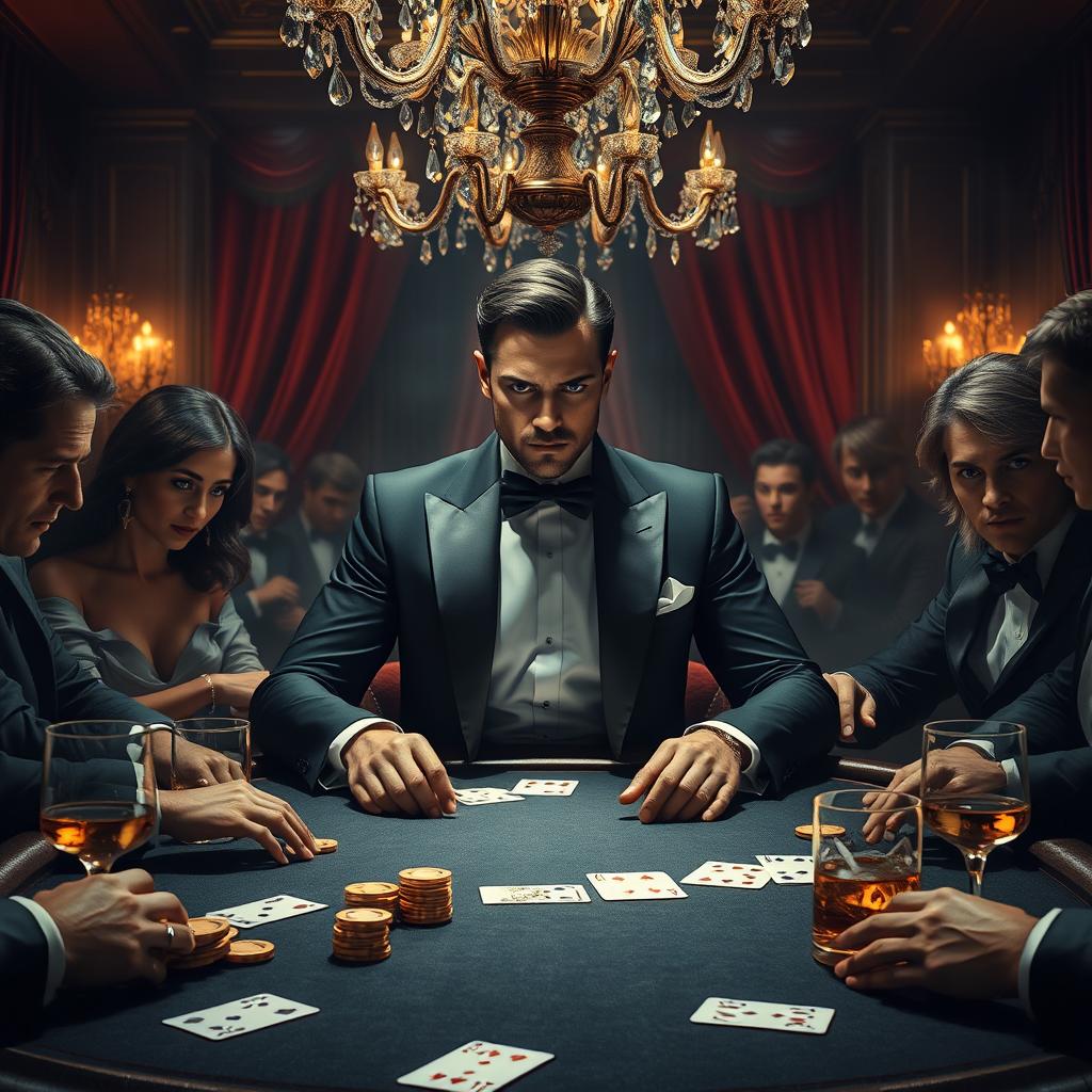 A fantasy art scene depicting an elegant and dramatic poker game in a luxurious setting