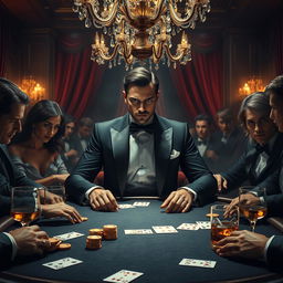 A fantasy art scene depicting an elegant and dramatic poker game in a luxurious setting