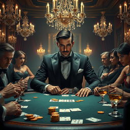A fantasy art scene depicting an elegant and dramatic poker game in a luxurious setting