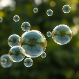 A hyper-realistic image of bubbles floating in the air, capturing intricate details such as reflections of the surrounding environment on their translucent surfaces