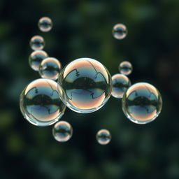 A hyper-realistic image of bubbles floating in the air, capturing intricate details such as reflections of the surrounding environment on their translucent surfaces