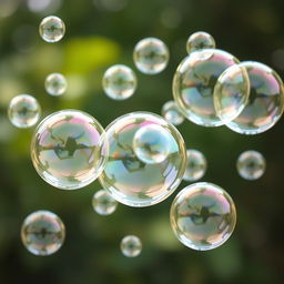 A hyper-realistic image of bubbles floating in the air, capturing intricate details such as reflections of the surrounding environment on their translucent surfaces