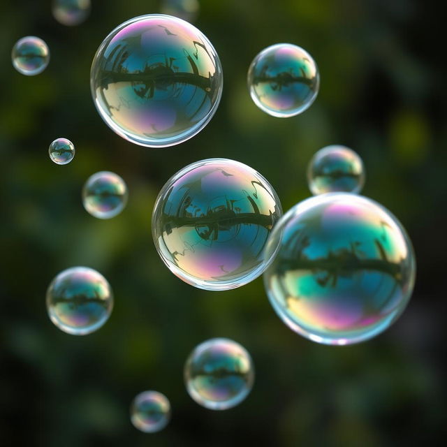 A hyper-realistic image of bubbles floating in the air, capturing intricate details such as reflections of the surrounding environment on their translucent surfaces