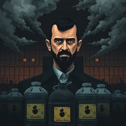 A powerful political illustration depicting Bashar al-Assad with a stern expression, set against a dark prison background representing the infamous Sednaya Prison