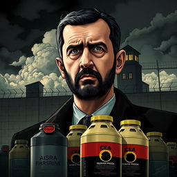 A powerful political illustration depicting Bashar al-Assad with a stern expression, set against a dark prison background representing the infamous Sednaya Prison