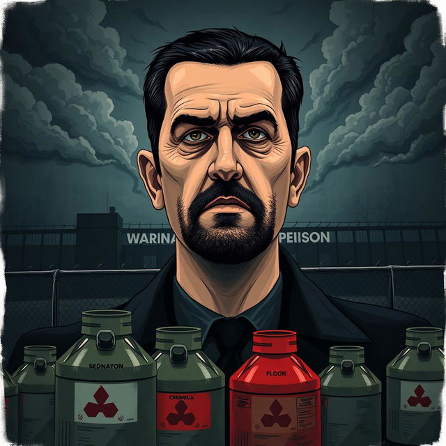 A powerful political illustration depicting Bashar al-Assad with a stern expression, set against a dark prison background representing the infamous Sednaya Prison