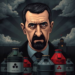 A powerful political illustration depicting Bashar al-Assad with a stern expression, set against a dark prison background representing the infamous Sednaya Prison