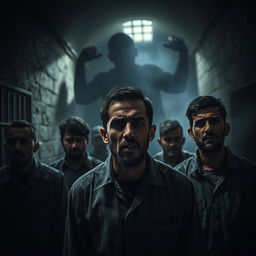 A powerful, dramatic scene depicting the horrors of the Saydnaya prison in Syria, illustrating the oppressive atmosphere and the suffering of detainees