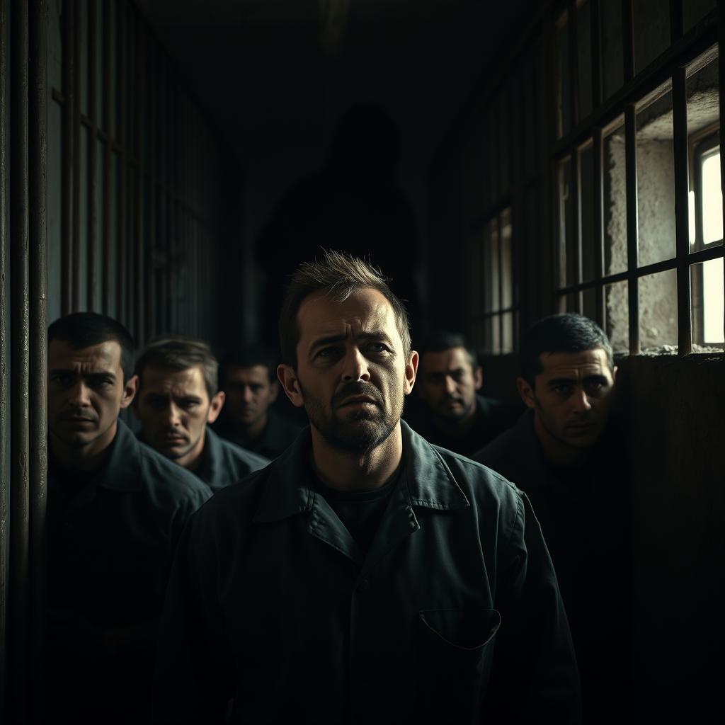 A powerful, dramatic scene depicting the horrors of the Saydnaya prison in Syria, illustrating the oppressive atmosphere and the suffering of detainees