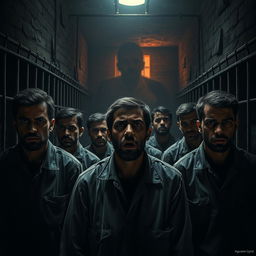 A powerful, dramatic scene depicting the horrors of the Saydnaya prison in Syria, illustrating the oppressive atmosphere and the suffering of detainees