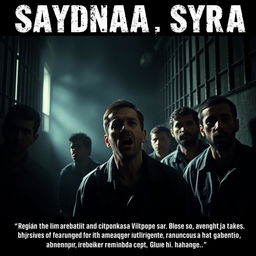 A powerful, dramatic scene depicting the horrors of the Saydnaya prison in Syria, illustrating the oppressive atmosphere and the suffering of detainees