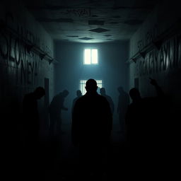 A powerful and haunting image representing the dark history of the Sednaya prison in Syria, showcasing shadowy figures of prisoners in a dimly lit, oppressive cell