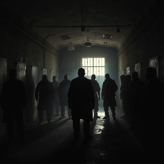 A powerful and haunting image representing the dark history of the Sednaya prison in Syria, showcasing shadowy figures of prisoners in a dimly lit, oppressive cell