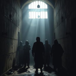 A powerful and haunting image representing the dark history of the Sednaya prison in Syria, showcasing shadowy figures of prisoners in a dimly lit, oppressive cell