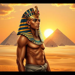 A majestic ancient Egyptian pharaoh depicted in his royal attire, standing confidently in front of a backdrop of the Great Pyramids of Giza