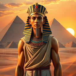 A majestic ancient Egyptian pharaoh depicted in his royal attire, standing confidently in front of a backdrop of the Great Pyramids of Giza