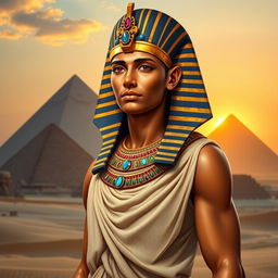 A majestic ancient Egyptian pharaoh depicted in his royal attire, standing confidently in front of a backdrop of the Great Pyramids of Giza