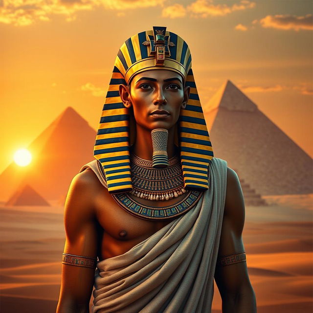 A majestic ancient Egyptian pharaoh depicted in his royal attire, standing confidently in front of a backdrop of the Great Pyramids of Giza