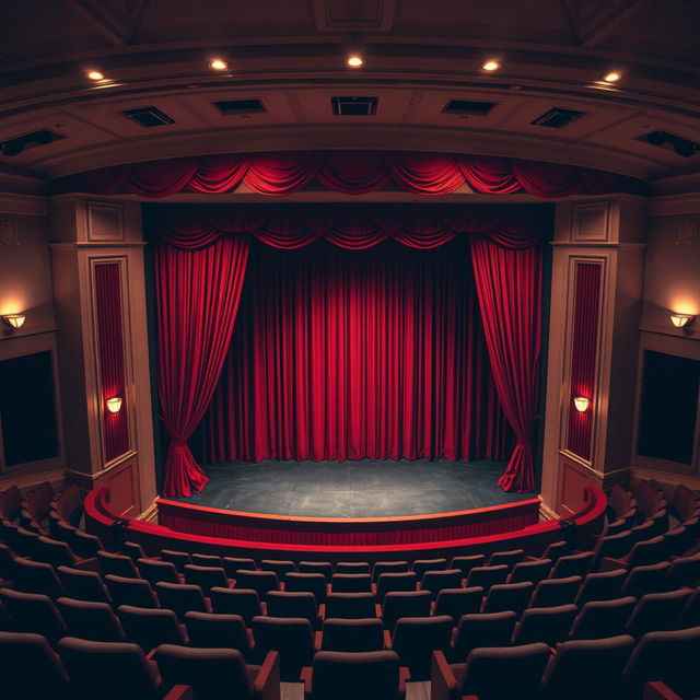 A classic and simple amphitheater featuring red curtains elegantly draping the stage