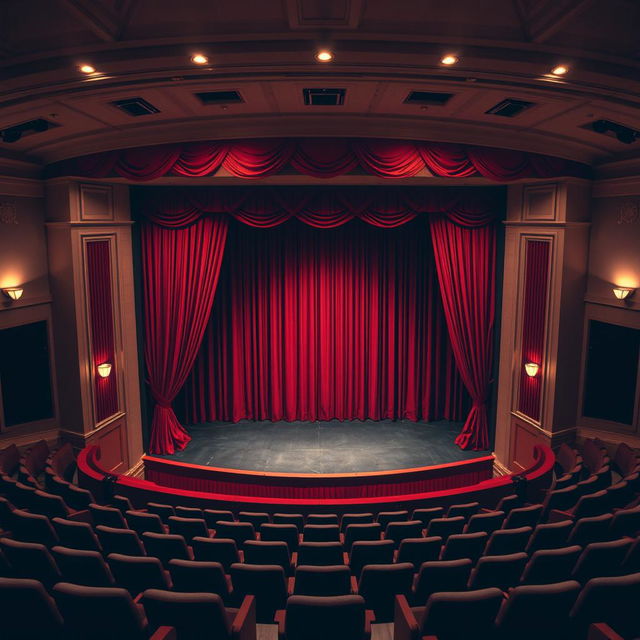 A classic and simple amphitheater featuring red curtains elegantly draping the stage