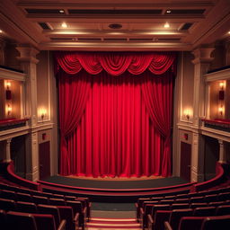 A classic and simple amphitheater featuring red curtains elegantly draping the stage