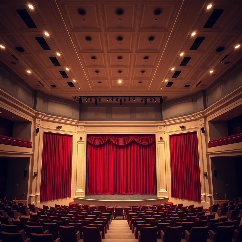A classic and simple amphitheater featuring red curtains elegantly draping the stage