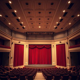 A classic and simple amphitheater featuring red curtains elegantly draping the stage