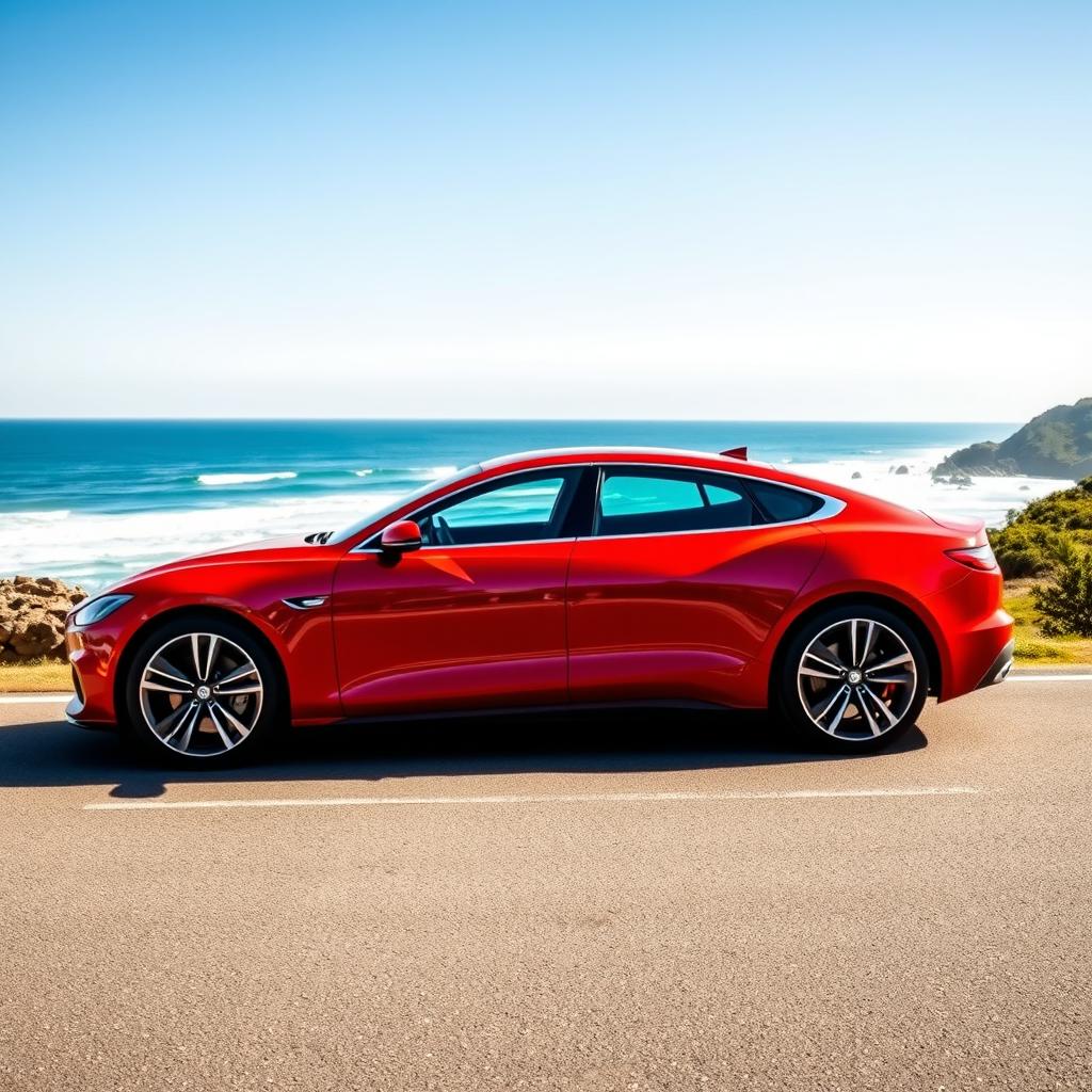 A sleek, modern car parked on a scenic coastal road