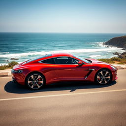 A sleek, modern car parked on a scenic coastal road