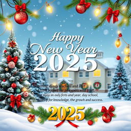 A festive New Year's greeting card designed for an educational institution celebrating the upcoming year 2025