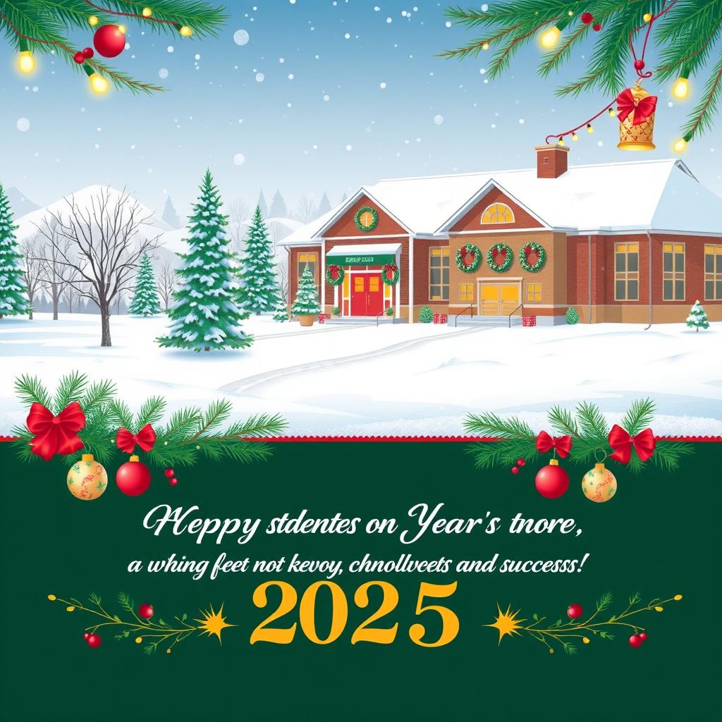 A festive New Year's greeting card designed for an educational institution celebrating the upcoming year 2025