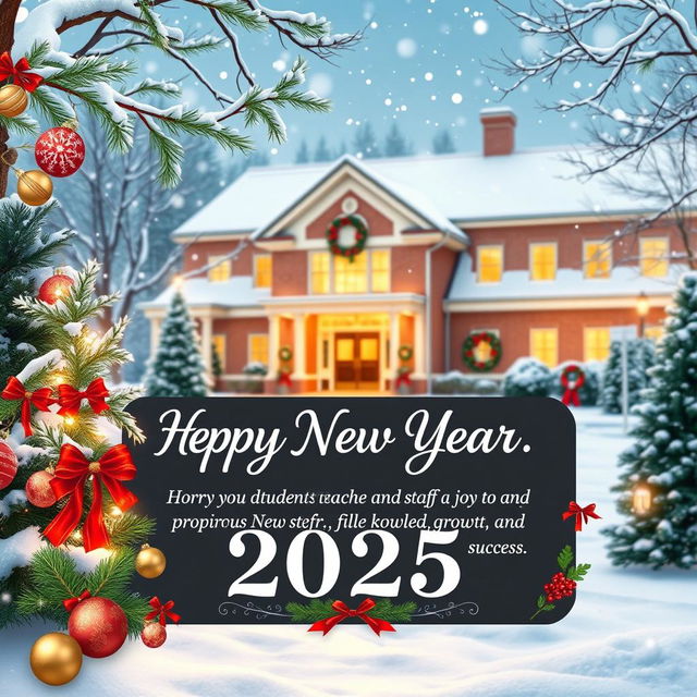 A festive New Year's greeting card designed for an educational institution celebrating the upcoming year 2025