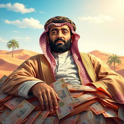 An artistic depiction of the legendary King Abdul Malik resting majestically on a pile of Saudi Riyals