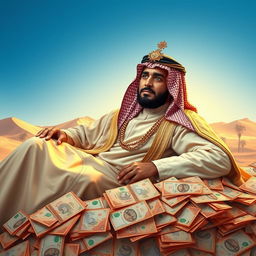 An artistic depiction of the legendary King Abdul Malik resting majestically on a pile of Saudi Riyals