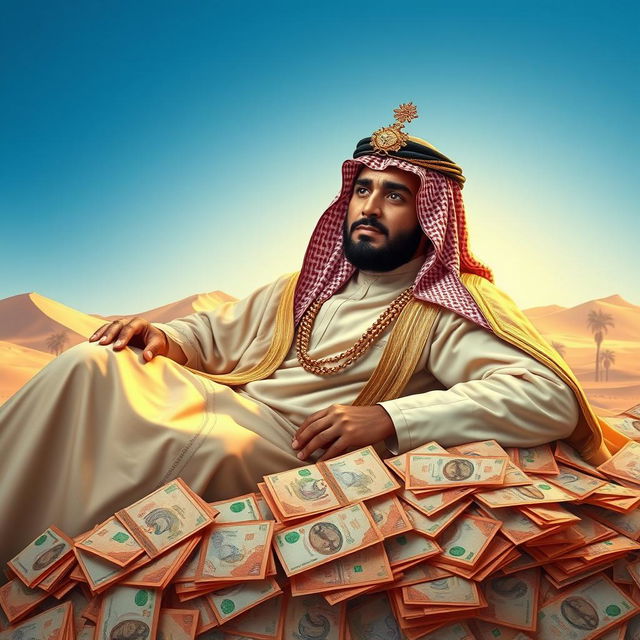 An artistic depiction of the legendary King Abdul Malik resting majestically on a pile of Saudi Riyals
