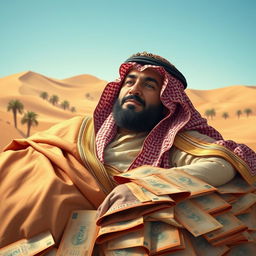 An artistic depiction of the legendary King Abdul Malik resting majestically on a pile of Saudi Riyals