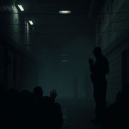 A dark, intense scene depicting a fictionalized version of a prison environment, focusing on the oppressive atmosphere of a facility reminiscent of a maximum-security prison