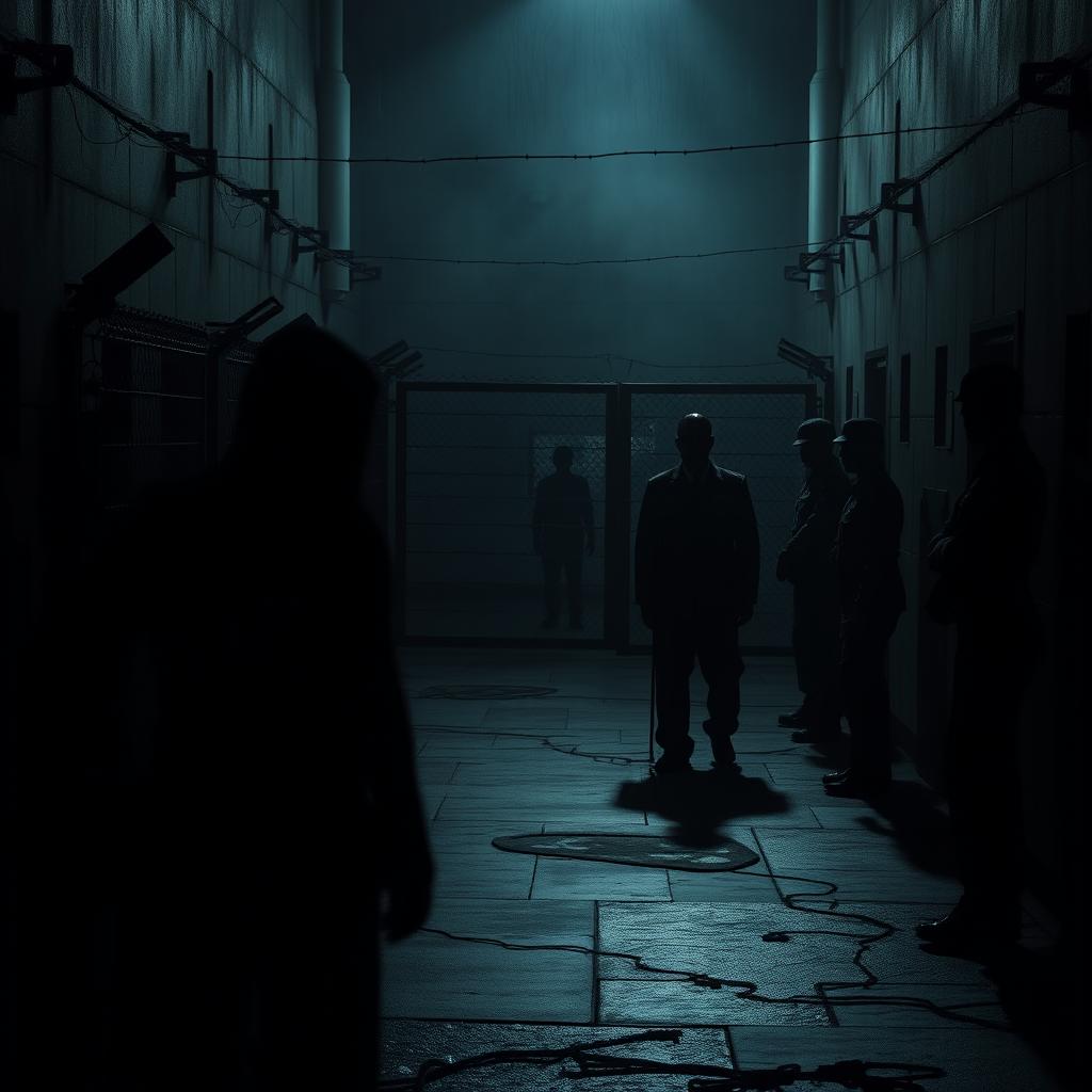 A dark, intense scene depicting a fictionalized version of a prison environment, focusing on the oppressive atmosphere of a facility reminiscent of a maximum-security prison