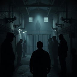 A dark, intense scene depicting a fictionalized version of a prison environment, focusing on the oppressive atmosphere of a facility reminiscent of a maximum-security prison