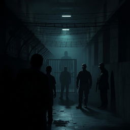 A dark, intense scene depicting a fictionalized version of a prison environment, focusing on the oppressive atmosphere of a facility reminiscent of a maximum-security prison
