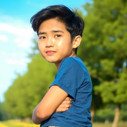 A portrait of a person, showcasing a thoughtful expression and standing in a serene landscape