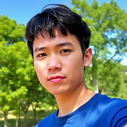 A portrait of a person, showcasing a thoughtful expression and standing in a serene landscape
