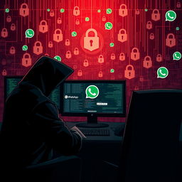 A dramatic and evocative illustration depicting the concept of a government hacking into WhatsApp