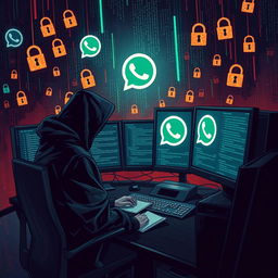 A dramatic and evocative illustration depicting the concept of a government hacking into WhatsApp