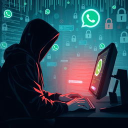A dramatic and evocative illustration depicting the concept of a government hacking into WhatsApp